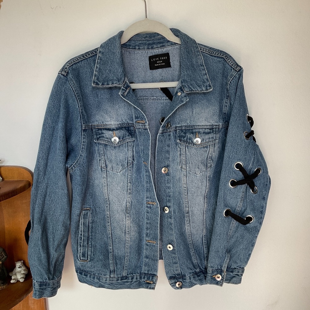 Love Tree Denim Jacket for women. Denim Jacket with criss cross Ribbon.